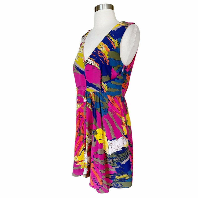 TIBI Silk Dress Bold Artsy Print Multicolor Pink Blue Sleeveless V-Neck 6 EUC