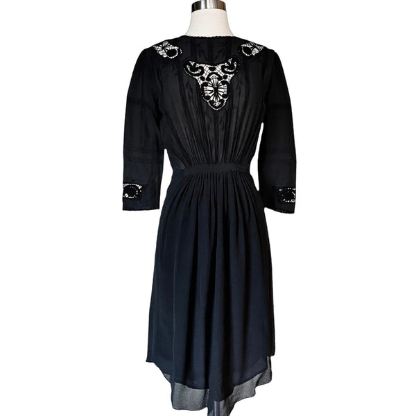 ULLA JOHNSON Priscilla Silk Dress Lace Raven Chiffon Black 3/4 Sleeves 4 NWT