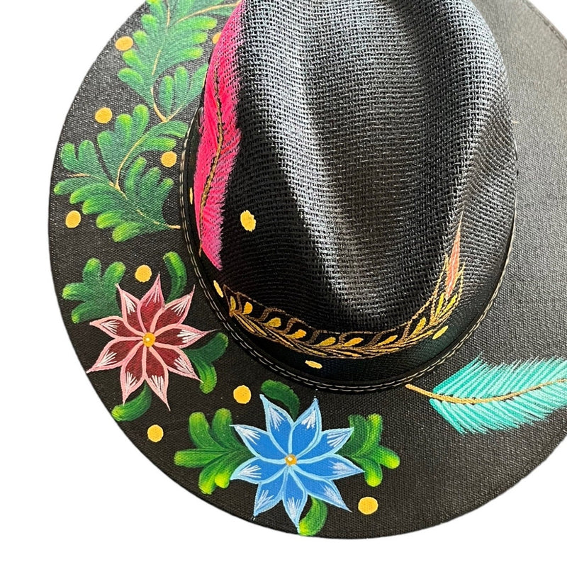 HAT MEXICAN Artisanal Hand Painted Fedora Floral Sombrero Panama Bohemian Black