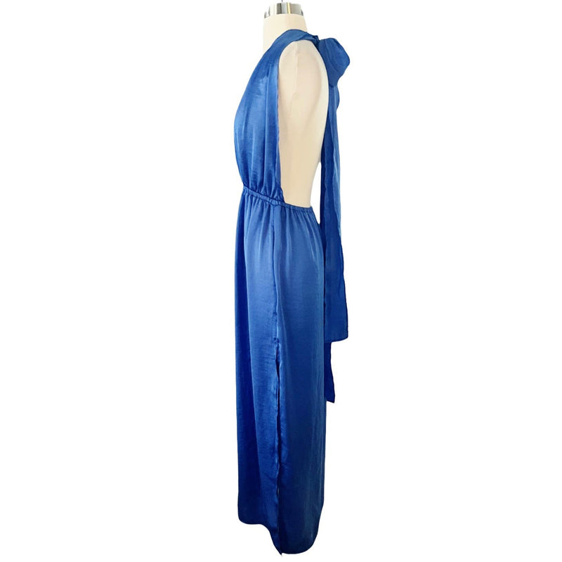 T. ZOVICH Blue Maxi Dress Satin Halter Ties Multiway Lightweight Ties Small NWT