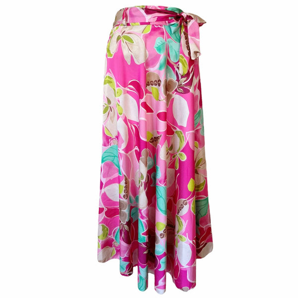 Italian Retro Inspired Maxi Skirt Floral Pink Print Elastic Waist Belt S/M NWT