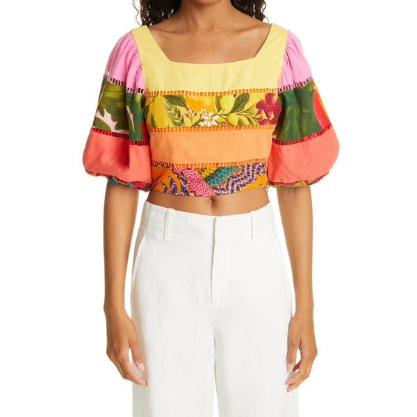 FARM RIO Tiered Top Rainbow Mixed Print Cropped Linen Multicolor Puff Sleeve Sm