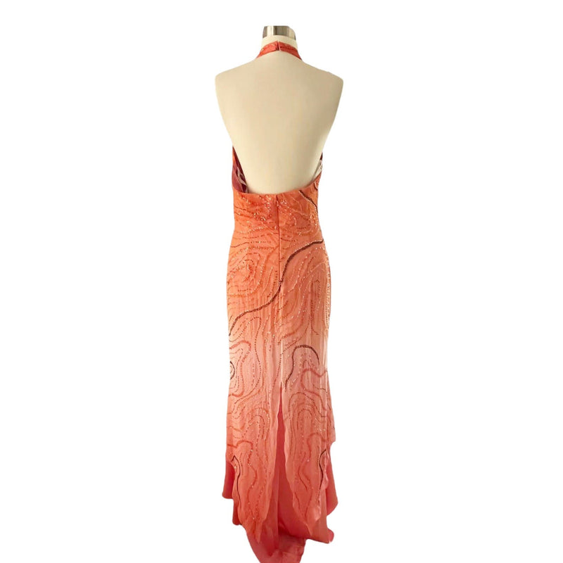 LARA Embellished Gown Ombre Orange A-Line Halter Beaded Silk Chiffon Dress 12