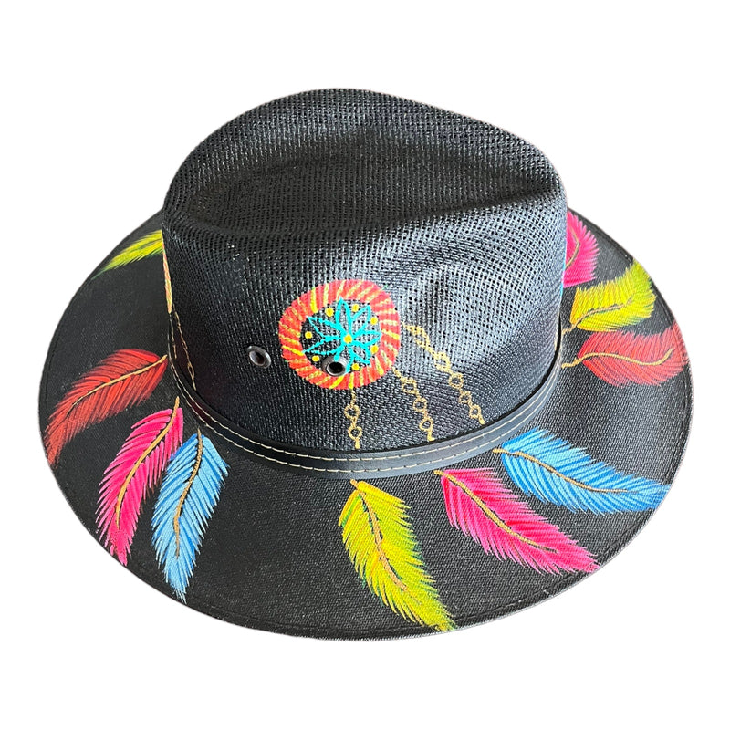 HAT MEXICAN Artisanal Hand Painted Fedora Floral Sombrero Panama Bohemian Black