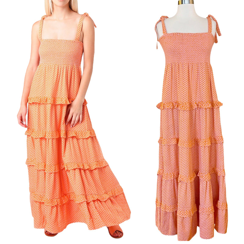 CECILIE COPENHAGEN Mina Dress Long Tiered Maxi Embroidered Tangerine Large NWT