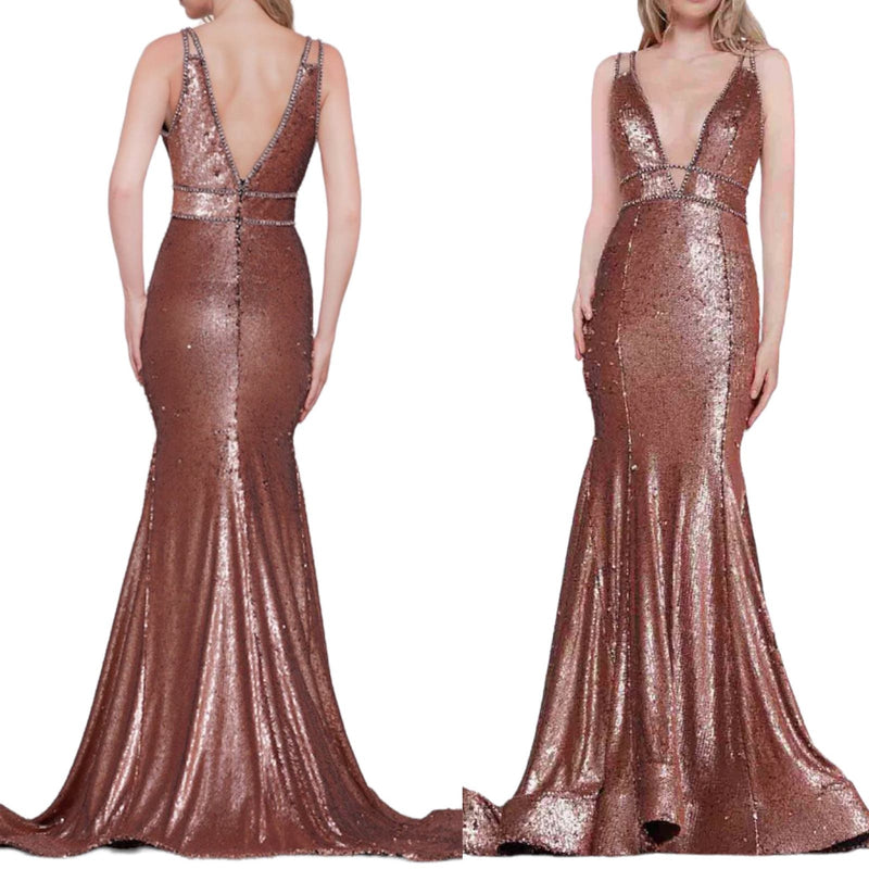 COLORS Mermaid Sequin Gown Metallic Bronze Sleeveless Evening Rhinestone 10 NWT