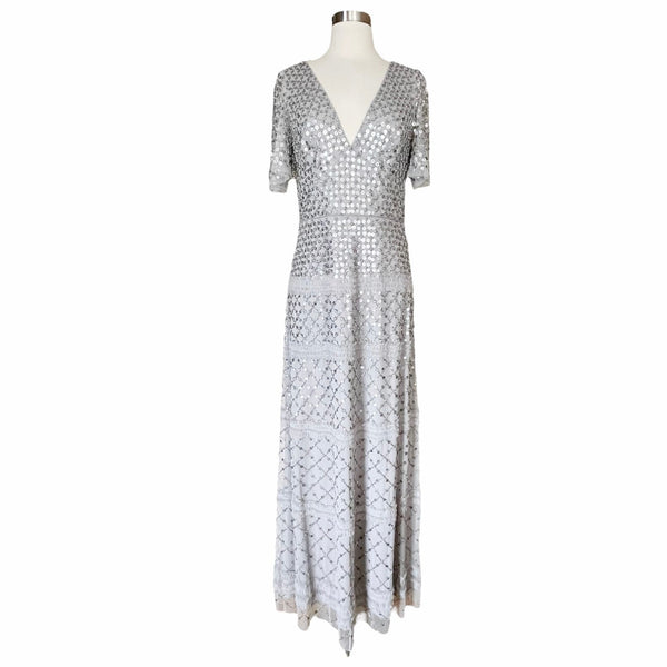 AIDAN MATTOX Silver Gown Dress Short Sleeves Beaded Sequined Piping V-Neck 6 NWT