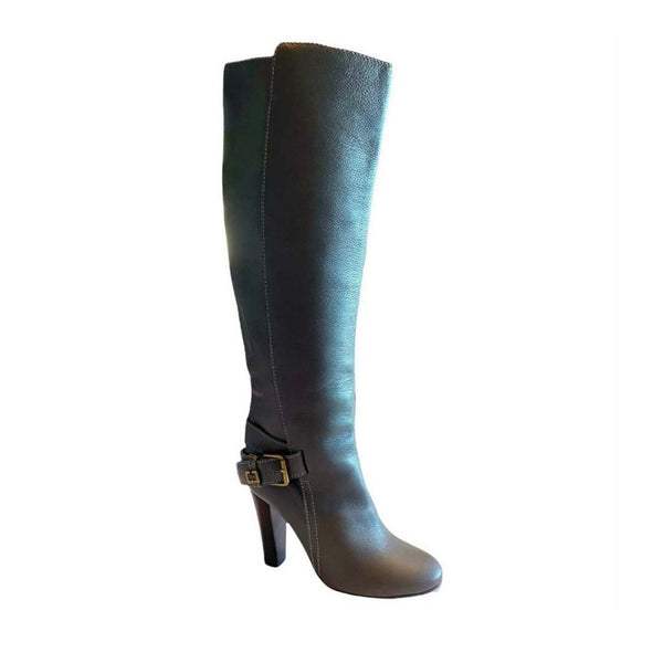CHLOE Tucson Gray Boots Leather Adjustable Belt Knee High Tall Italy EU 38 /7.5