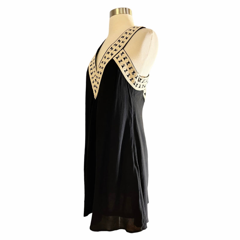 Black Swing Dress Embroidered V-Neck Cutout Back Sleeveless Medium NWT