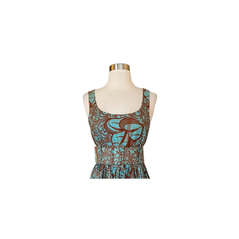 SIKA Floral Midi Dress Fit and Flare Belted Sleeveless Teal Brown Cotton Small