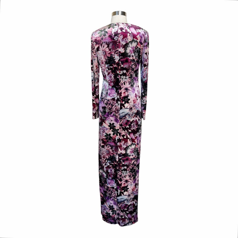 AIDAN MATTOX Velvet Dress Floral Maxi Stretch Multicolor Pink Long Sleeve 6 NWT