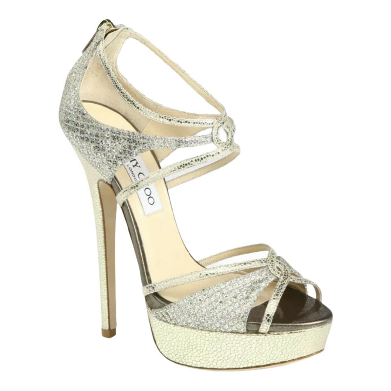 JIMMY CHOO Glitter Sandals Metallic Sierra Coated Snakeprint Leather Heels 40 IT