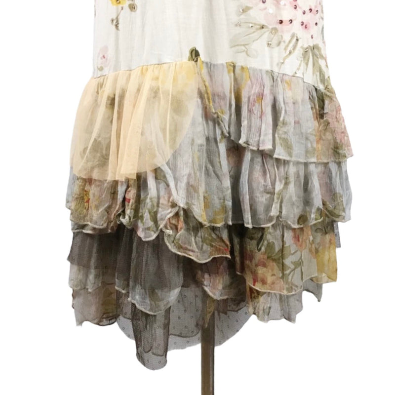 ALBERTO MAKALI Jersey Dress Floral Sequins Tulle Ruffles Hem Sleeveless Small