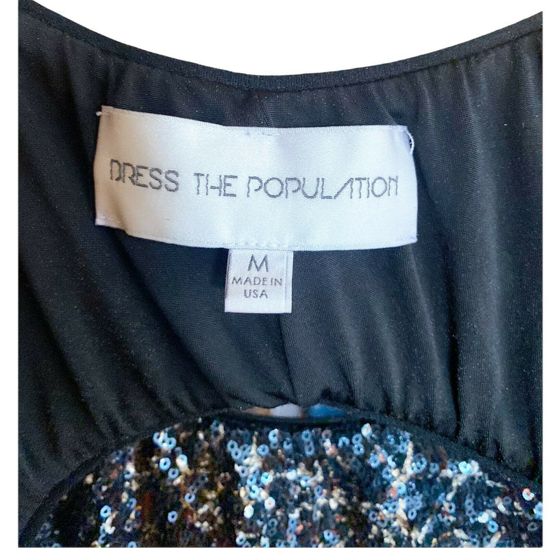 DRESS THE POPULATION Gabriella Mini Dress Sequins Stretchy Black Silver Medium