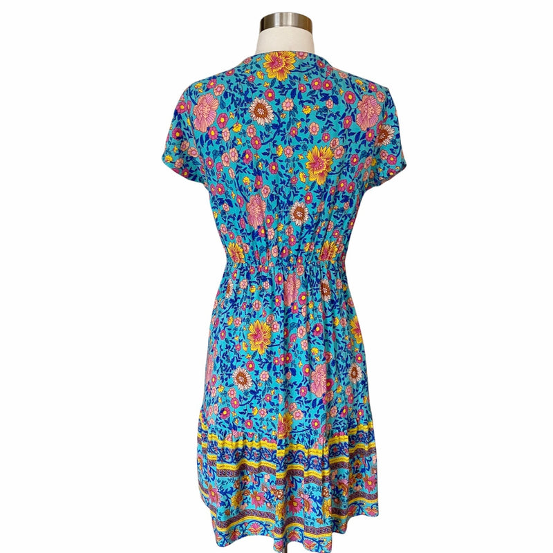 Mini Dress Boho Exotic Print Spell Inspired Blue Cotton Short Sleeves Medium EUC