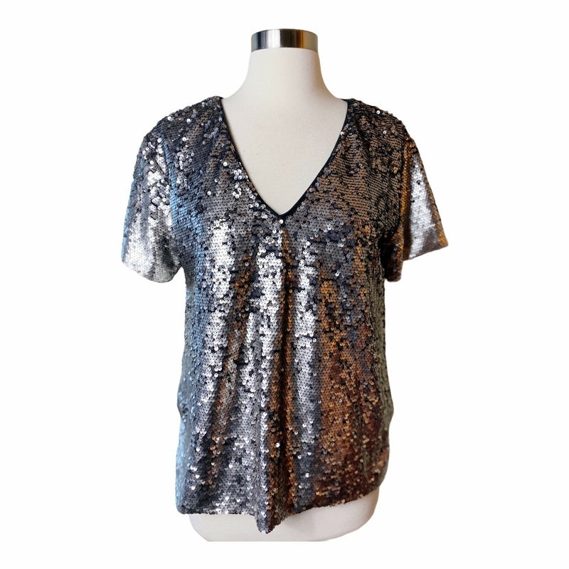 ANTHROPOLOGIE Sequin Top Short Sleeve V-Neck Vanessa Virginia Silver Small EUC