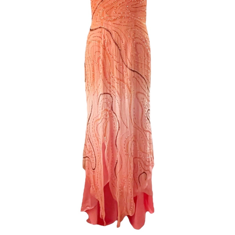 LARA Embellished Gown Ombre Orange A-Line Halter Beaded Silk Chiffon Dress 12