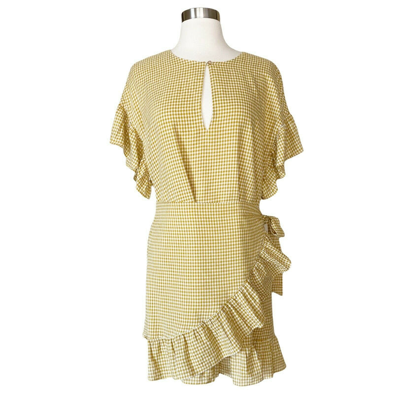 TULAROSA Jenny Mini Dress Marigold Plaid Wrap Ruffles Cotton Yellow Medium EUC