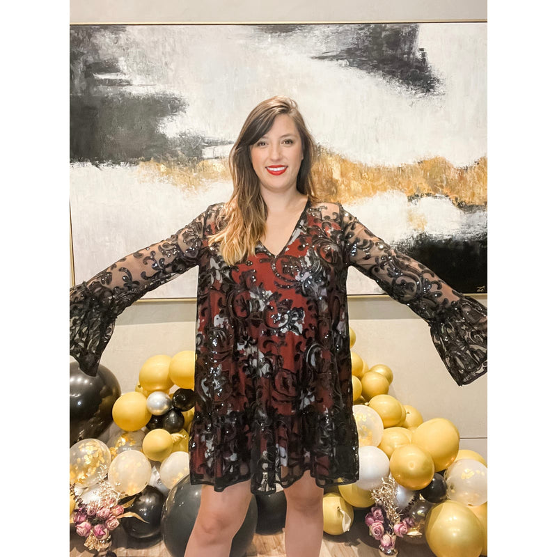 FREE PEOPLE Falling Flowers Frock Mini Dress Black Red Sequins Cocktail Small