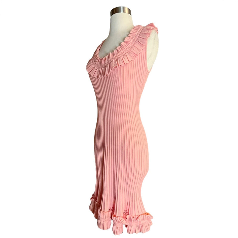 MILLY Sweater Dress Ribbed Knit Sheath Midi Cap Sleeve Off Shoulder Ruffle Pink