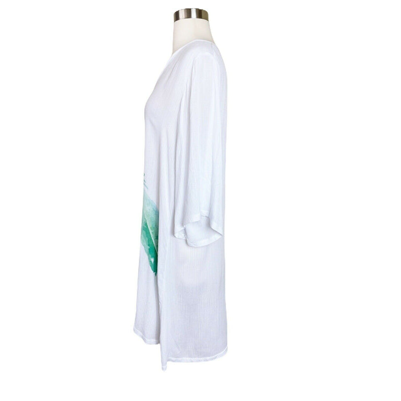 BEACH COVER UP TUNIC T. Zovich White with Feathers Print Half Sleeves Large