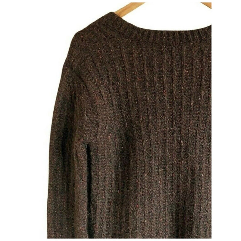 LA LIGNE Brown Sweater Fuzzy Wuzzy Pullover V-Neck Alpaca Cotton Wool Red Trim S