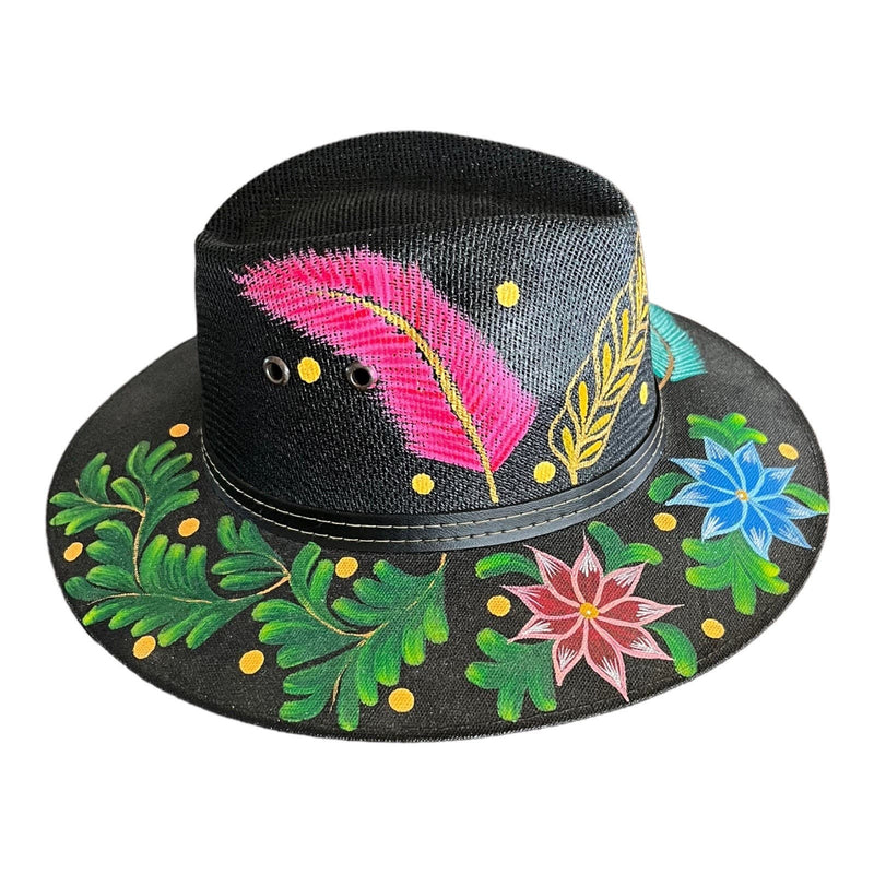 HAT MEXICAN Artisanal Hand Painted Fedora Floral Sombrero Panama Bohemian Black