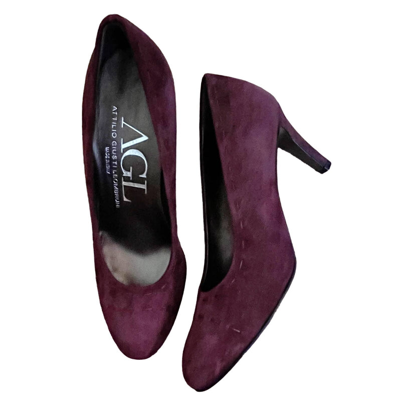 AGL Burgundy Suede Pumps Leather Round Toe Heels Shoes Italy EU 37.5 US 7 NWOT