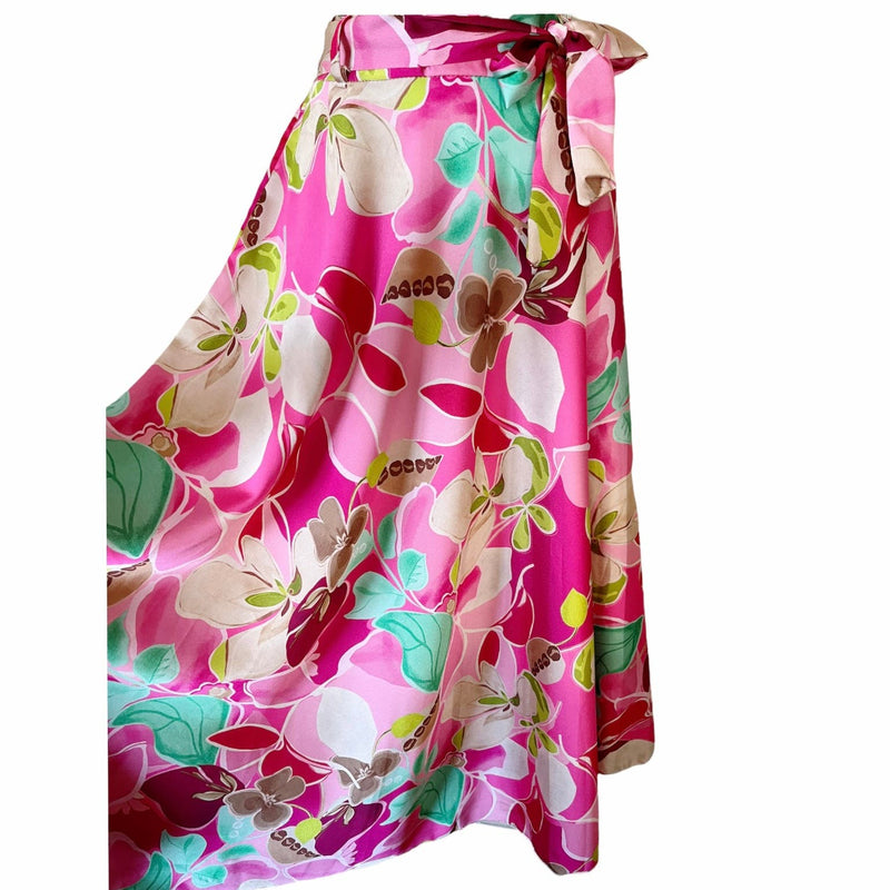 Italian Retro Inspired Maxi Skirt Floral Pink Print Elastic Waist Belt S/M NWT