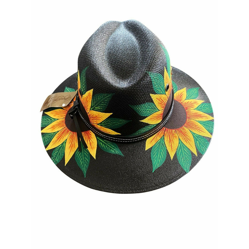 MEXICAN Artisanal Hat Hand Painted Fedora Sunflower Sombrero Panama Medium Black