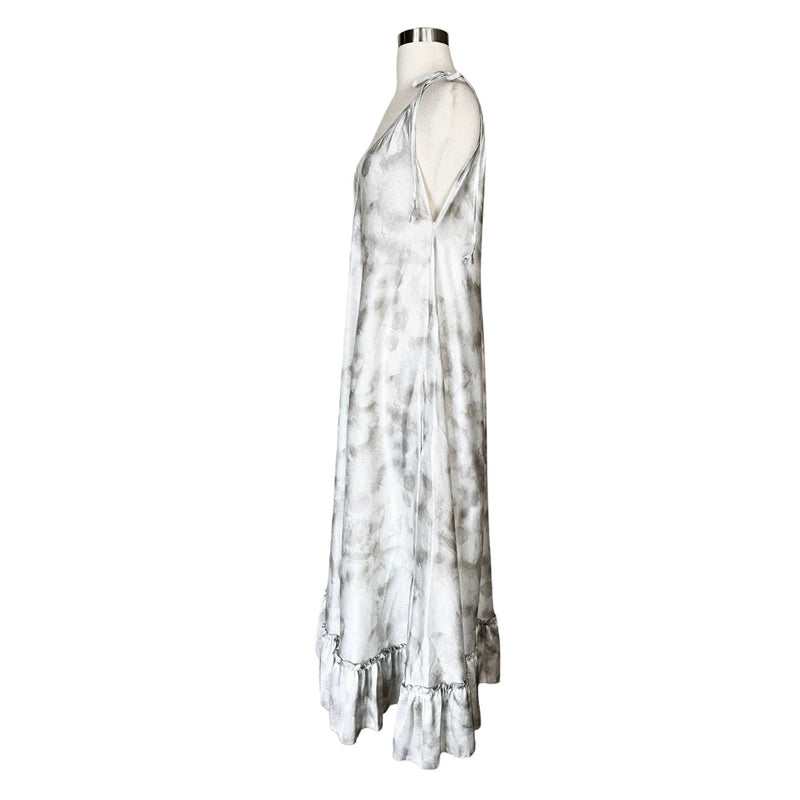 T. ZOVICH Maxi Dress Gray Tie Dye Silver Sleeveless Swing V-Neck Shoulder Ties