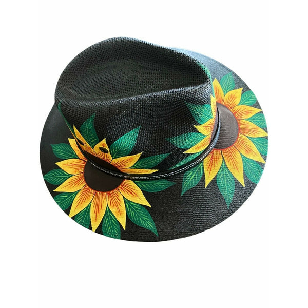 MEXICAN Artisanal Hat Hand Painted Fedora Sunflower Sombrero Panama Medium Black