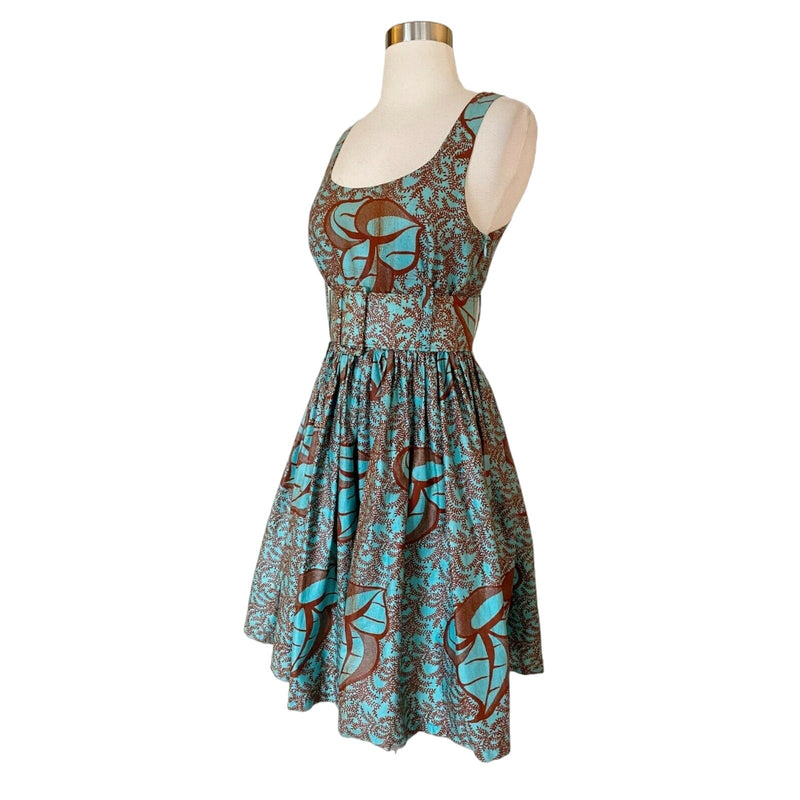 SIKA Floral Midi Dress Fit and Flare Belted Sleeveless Teal Brown Cotton Small