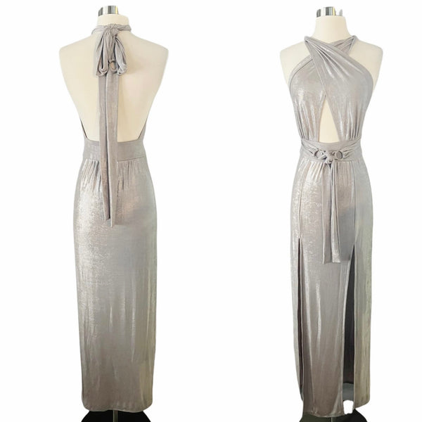 T. ZOVICH Maxi Dress Slinky Metallic Silver Multiway Halter Open Back Slits S/M