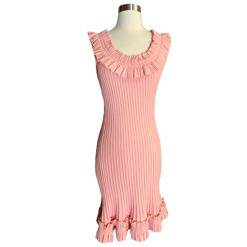 MILLY Sweater Dress Ribbed Knit Sheath Midi Cap Sleeve Off Shoulder Ruffle Pink