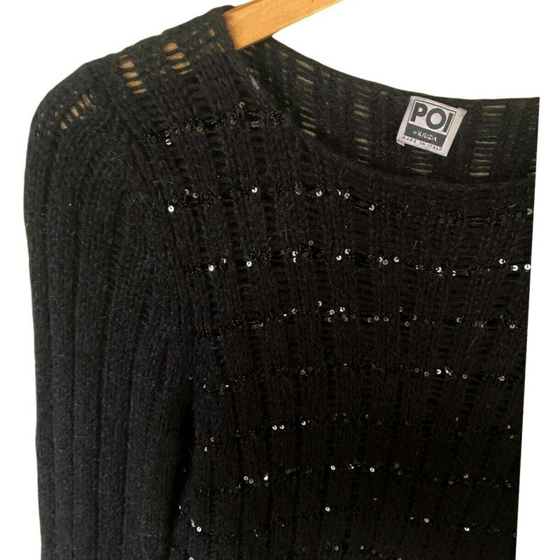 POI BY KRIZIA VINTAGE Black Sweater Sequins Jumper Italy Alpaca 90s 80s 44 Med