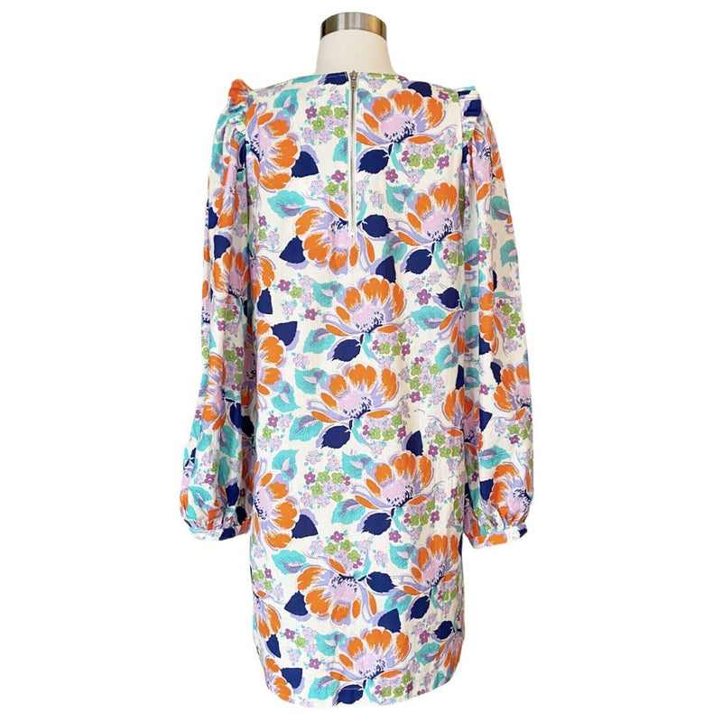 CECILIE COPENHAGEN Mirna Dress Mini Shift Ivory Blue Orange Floral Large NWT