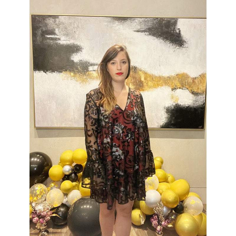 FREE PEOPLE Falling Flowers Frock Mini Dress Black Red Sequins Cocktail Small