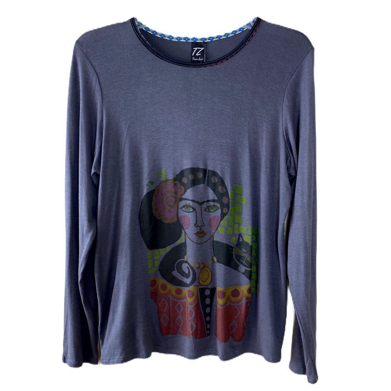 T.ZOVICH Top Frida Kahlo Graphic Print Long Sleeves Graphic Print Gray Small NWT