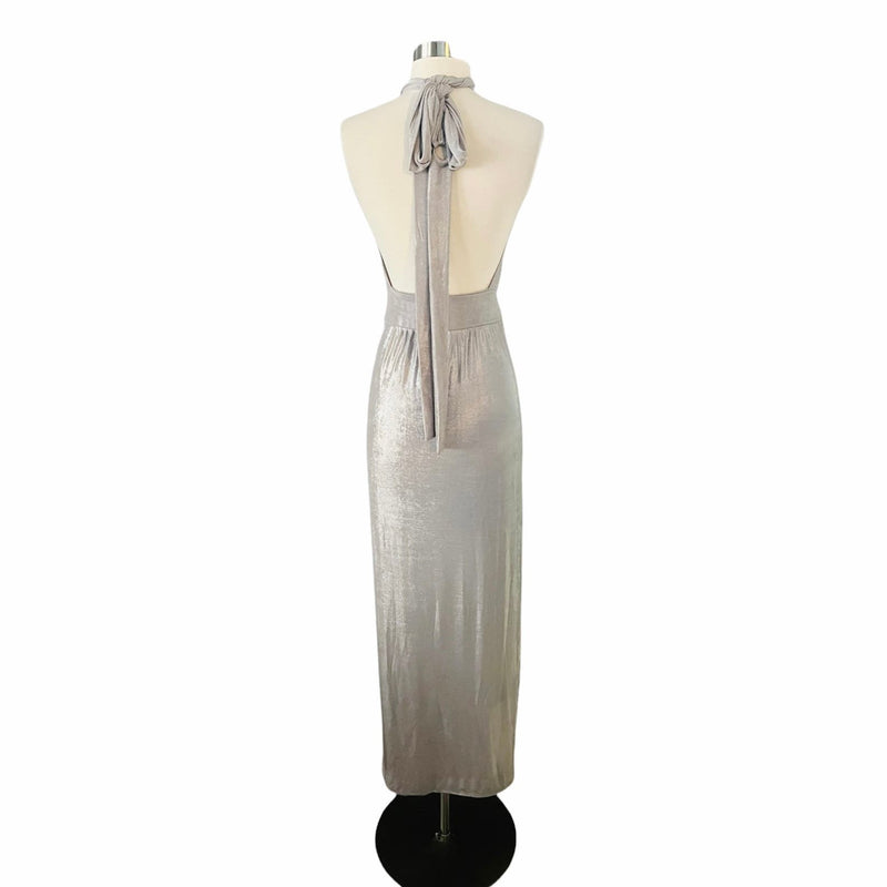 T. ZOVICH Maxi Dress Slinky Metallic Silver Multiway Halter Open Back Slits S/M