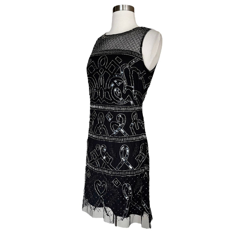 ADRIANNA PAPELL Black Dress Beaded Illusion Sheath Cocktail Mini A-Line 6 NWT