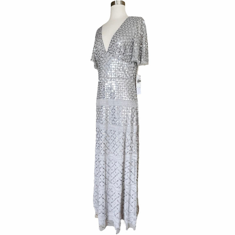 AIDAN MATTOX Silver Gown Dress Short Sleeves Beaded Sequined Piping V-Neck 6 NWT