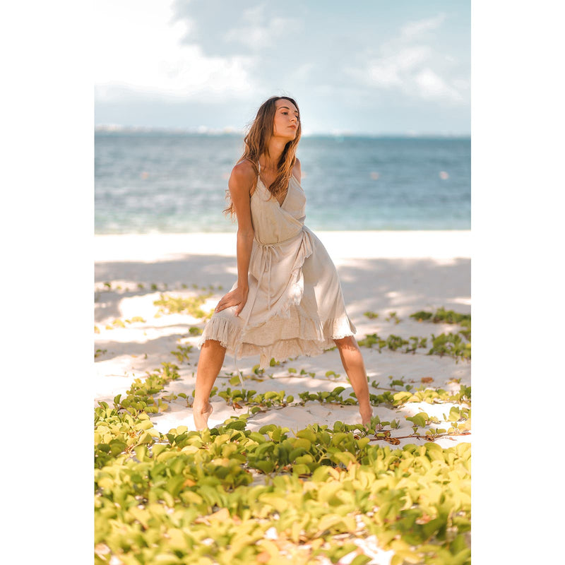 Resort Midi Wrap Dress by T. ZOVICH Linen Sleeveless Beige Raw Hem Ecofriendly