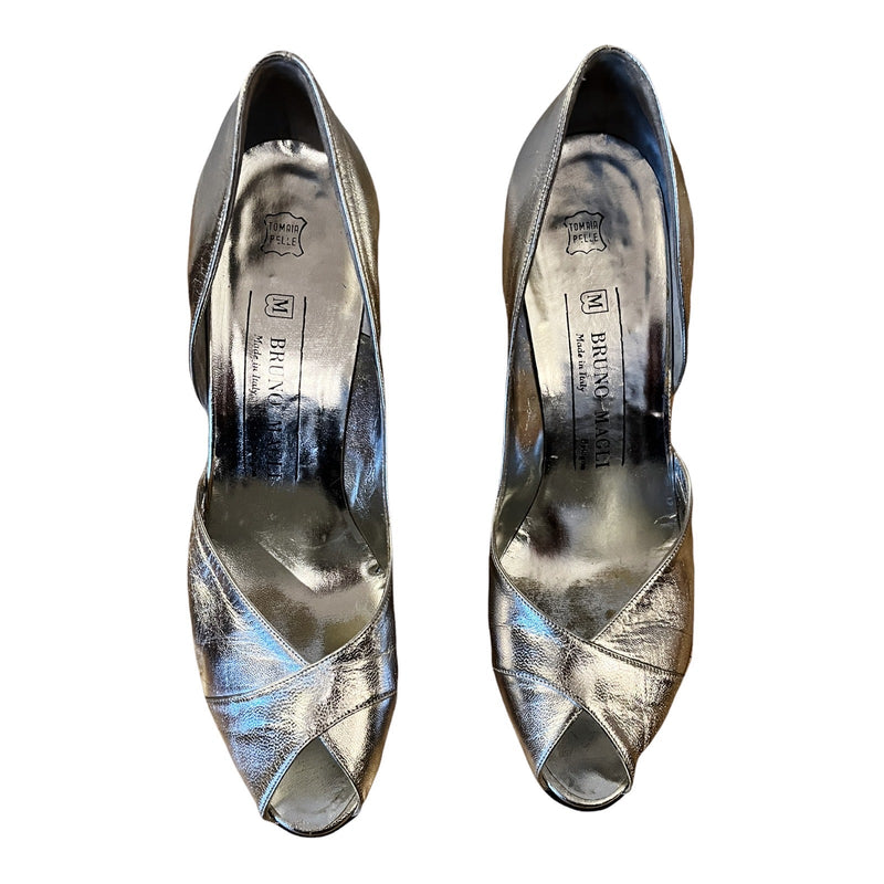 BRUNO MAGLI Silver Pumps Peep Toe Metallic Cone Heels Italy Designer Shoes 7.5