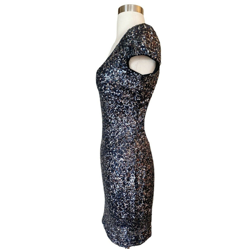 DRESS THE POPULATION Gabriella Mini Dress Sequins Stretchy Black Silver Medium