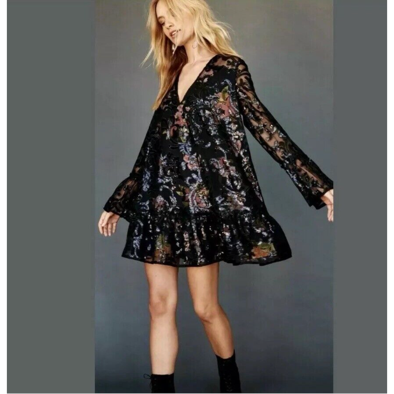 FREE PEOPLE Falling Flowers Frock Mini Dress Black Red Sequins Cocktail Small