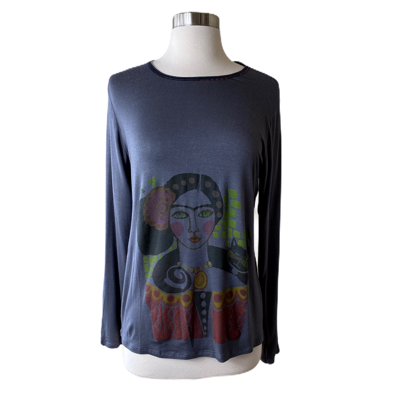 T.ZOVICH Top Frida Kahlo Graphic Print Long Sleeves Graphic Print Gray Small NWT