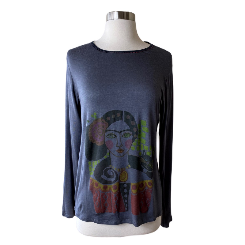 T.ZOVICH Top Frida Kahlo Graphic Print Long Sleeves Graphic Print Gray Small NWT