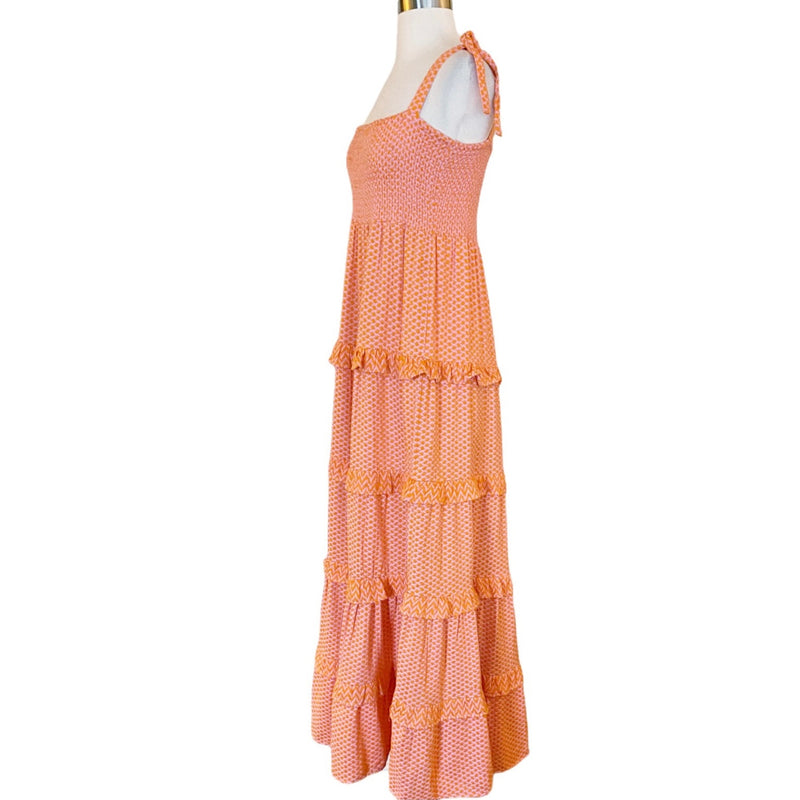 CECILIE COPENHAGEN Mina Dress Long Tiered Maxi Embroidered Tangerine Large NWT