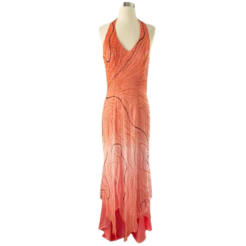 LARA Embellished Gown Ombre Orange A-Line Halter Beaded Silk Chiffon Dress 12